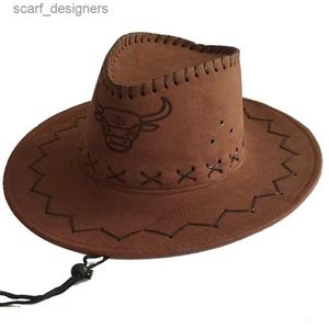 Breda randen hattar hink hattar män kvinnor sommar resor solskyddsmedel mocka läder västra cowboy hatt tecknad ko huvudtryck stor brim sun jazz cosplay cap w65 y240409