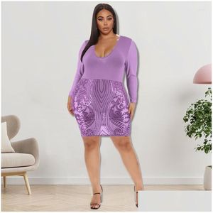 Plus Size Dresses Kexu Lady Club Party Women Fashion Round-Neck Elegant Sequin Dress Y Sheer Mesh Patchwork Evening Drop Delivery Appa Dhm3U