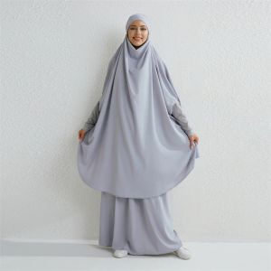 Skjortor muslimska set två stycken bönkläder lång huva smockande hylsa skjortor hijab lösa maxi kjolar elastiska midja kvinnor abaya set
