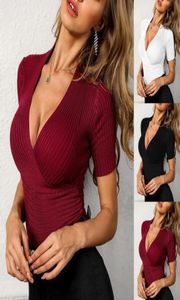 Summer Summer Casual Solid Colors Deep V Neck Muncivetta per feste per vacanze sexy Ladies Sleeve Slim Elastic Tops abbigliamento Donne3279903