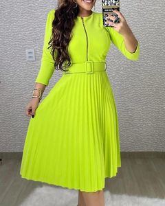 Casual Dresses Women Dress Zipper Design Pleated Long Sleeves Midi 2024 Spring/summer Latest Round Neck Sleeved Skirt