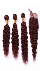 99J Wine Red Malaysian Deep Wave Human Hair 3 Bundles and Closure Burgundy Red Weaves Deep Wave Curly Virgin Hair Extensions with4017707