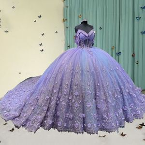 럭셔리 라벤더 Quinceanera 드레스 연인 스팽글 꽃 아플리케 구슬 Tull 볼 가운 바닥 길이 스윕 기차 무도회 드레스