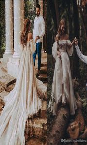 2020 bohemijskie sukienki ślubne seksowne na ramionach puff rękawy plażowe suknie ślubne długie pociąg rustykalny wiejskie sukienki ślubne Hippie2051822