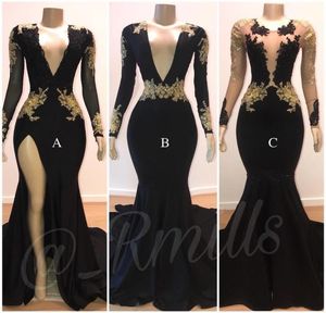 Black Sheer V Neck Prom Dresses Split Side High Mermaid Long Sleeves Black With Gold Lace Applique Evening Gowns Formals Wear Spec6836205