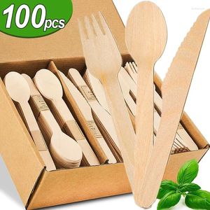 Disposable Dinnerware 100Pcs Wooden Knife Forks Spoons Set Kitchen Utensil For Dessert Cake Icecream Wood Tableware Home Party Supplies