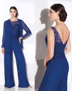 Royal Blue Mother Of The Bride Pant Suits Mother's Dresses With Jacket Formal O-Neck Long Sleeve Chiffon Custom Plus Size Sexy Sequins Two Pieces