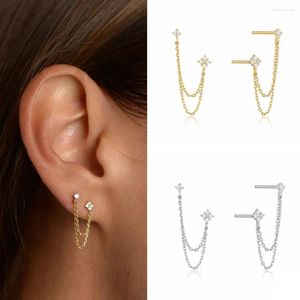 Brincos dangle Huitan Chegada Double Ear Studs Correnturas de borla penduradas para mulheres Piercing 3 Metal Color Luxury CZ Jóias