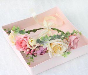 Girls simulation flowers crown wreath boutique stereo pink rose headbands child lace ribbon Bows princess hair accessories A65749959663