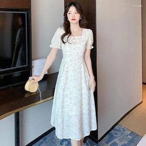 Party Dresses Make Summer Collect Waist Show Thin French Temperament Stereo Anaglyph Jacquard Long Female Floral Dress With Short Sleeves