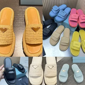 Designer tofflor Womem Straw Slippers Prad Platform Slides Sandaler Summer Flat Leather Slippers Women Casual Shoes Luxury Outdoor Home Top Quality Beach Sandal