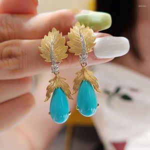 Dangle Ohrringe Böhmische Vintage Gold Farbe Blätter türkisblau Stein Tropfen Stammesschmuck eigentümlich zartes Frauenohrring