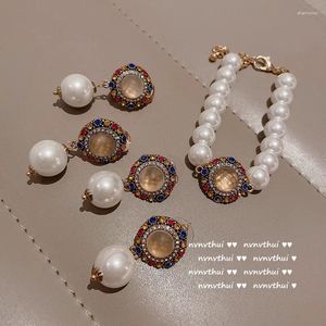 Stud Earrings Oil Painting Colorful Gem Pearl Eardrops Plated 18K Gold Beads Vintage Inlaid Zircon Shell Pearls Ear Clip Set Korean Fashion