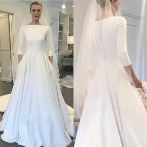 2024 Bohemian Brautkleider Langarmes Meghan Markle Style Brautkleider Button zurück Sweep Trian Plus Size A-Line Hochzeitskleid