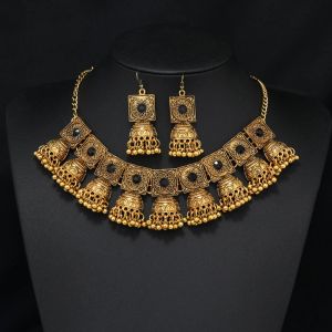 Afghansk vintage tribal guldfärg uttalande krage choker indisk halsband örhänge set geometrisk klocktassel mynt halsband