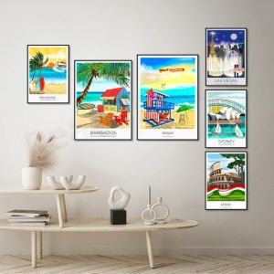 Barcelona, ​​Roma, Floransa, Karayip Barbados, Meksika, Miami Beach, Sydney Opera Binası, Las Vegas, Bahamas Reizen Seyahat Poster