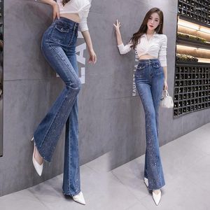 Women's Jeans Rhinestone Flared For Women Soft Skinny Patchwork Boot-Cut Denim Trousers Mujer Fashion Stretch Pants Ladies 2024 Blue