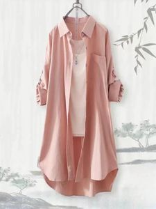 プラスサイズのゆるい通気性のあるブラウスミディシャツ韓国のカジュアルシャツ女性シンプルソリッドメス長袖240403