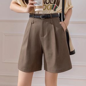 High Waist Casual Knee Lenth Shorts Woman Summer Bermuda Fashion Khaki Loose Wide Leg Short Pants 240407