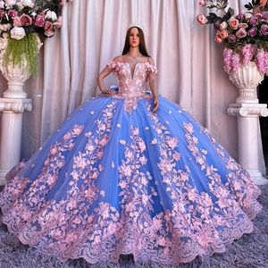 Sky Blue Shiny Quinceanera Dresses Ball Gown Off The Shoulder Pink Applique Lace Flower Tull Corset Vestidos 15 De Para XV