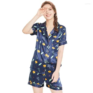 Hemkläder plus storlek sommar 2024 mode kvinnor pyjamas vänd ner krage sömnkläder 2 tvåstycken set skjorta shorts tryck avslappnade pyjama uppsättningar