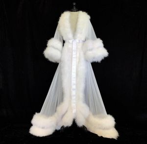 Białe podwójne luksusowe kobiety szat futro opakowanie szlafrokowa szlafrok ślubny szatę ślubną marabou gown imprezowy prezenty druhny Wraps3098368