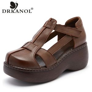 Drkanol Fashion Retro Summer Summer Women Wedges Sandals Handmade de couro genuíno Hollow Platform Casual feminino preto 240326