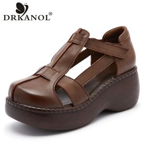 Drkanol Fashion Retro Sommerschuhe Frauen Keile Sandalen handgefertigt echtes Leder hohlplattform lässige weibliche schwarze 240326