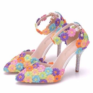 Scarpe eleganti Crystal Queen Multicolour Rhinestone Lace Flower Bride High Tach Wedding festa