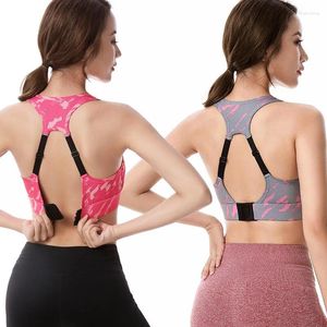 Yoga outfit Women Push Up Sports BH Justerbar Back Buckle Nylon Print Underwear Gym Fitness Workout Crop Top Top