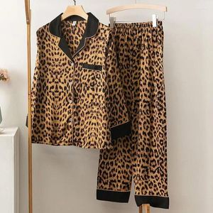 Home Clothing Sexy Leopard 2PCS Sleep Set Nightwear Casual Intimate Lingerie Spring Print Pajamas Suit Women Satin Pyjamas