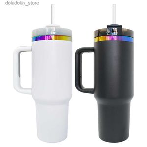 Canecas H2.0 A vácuo revestido a vácuo revestido a aço inoxidável preto Branco Holoráfico Rainbow Tumbler 40oz de extinção com alça para o laser de girassol enravin L49