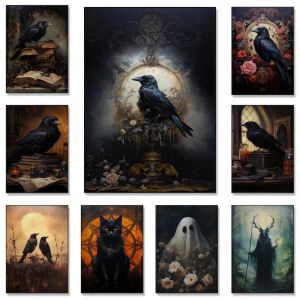 Victorian gotisk konsttryck Black Cat Raven Canvas Affischer Vintage Occult Dark Witchcraft Crow Decor Wall Painting For Room