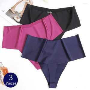 Women's Panties TrowBridge 3PCS/Set High Waist Seamless Thongs Silk Satin Female Underwear Sexy Lingerie V-Cut Comfort G-Strings