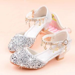 Spor ayakkabı çiçek çocukları Rhinestone Prenses Elbise Ayakkabı Kızlar Gümüş Yüksek Topuklu Model Göster Kristal Tek Ayakkabı 6 8 10 14 16 Yıl