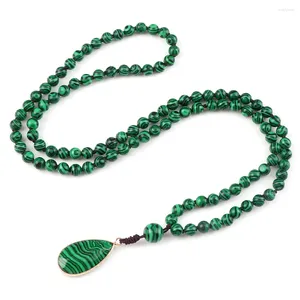 Colares pendentes de colares de miçangas de pedra de malaquita naturais Breads de miçangas verdes Pingentes Charmos 108 Mala Oração Homem Jóias de Yoga