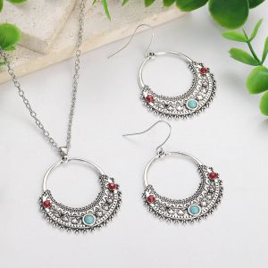 Boho Silver Color Necklace Set for Women Vintage Carved Round Pendant Earrings Necklace Sets 2022 Indian Jewelry Accessories