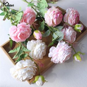 Decorative Flowers Meldel Rose Flower Branch DIY Bouquet Artificial 3 Heads Silk Fake Peony Wedding Champagne Home Party Decor