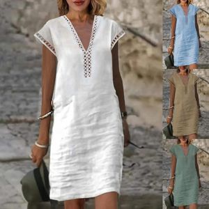 Casual Dresses Women's Summer V-ringning LACE PATCHWORK SOLID Färg Bomull Linne ungdomlig klänning Slim-typ Vestidos Midi