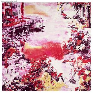 Shawls Classic New Oil Painting House Water Village Boat Womens Brand Twill Silk Square Scarf Womens Kerchief Scarf Womens ShawlL2404L2404