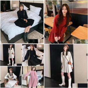 Grundläggande avslappnade klänningar Autumn Winter Sticked tröja klänning kvinnor koreanska söta vestidos långärmad knapp pl mini för flickor droppe leverera dhlkx