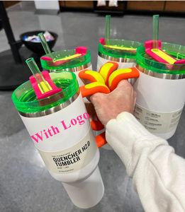 أبيض كهربائي نيون اللون الوردي الصفراء الأخضر 40oz مروي H2.0 أكواب Tiedye Comso Pink Parade Cups من الفولاذ المقاوم للصدأ مع مقبض كوب الذهب الشوكولاته مع 1: 1