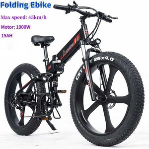 Bicicletas Randride YX26M Bike ectric dobrável 1000W 15AH 26 polegadas Fat Fat Off Road Bicyc Suspensão Full Shimano Men e mulheres de 7 velocidades L48