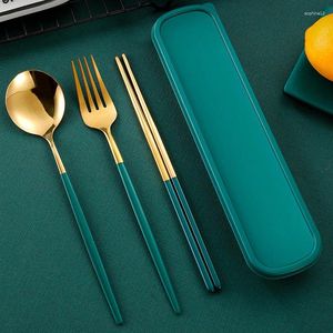 Dinnerware Sets 4pcs Cutlery With Box Holder Spoon Fork Chopsticks Set Travel Tableware Stainless Utensil Case