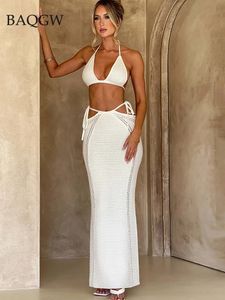 Verão malha de crochê de 2 peças encaixes up halter halter top e saia maxi combinando roupas de roupas y2k partido elegante 240401