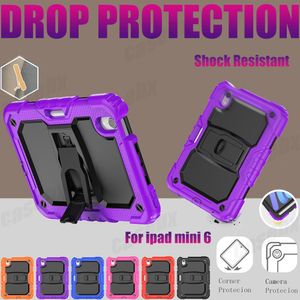For iPad Mini 6th Gen Case Adjustable Kickstand Tablet Cover Silicone PC Hybrid Rugged Shockproof iPad mini6 Kids Safe Cases with Shoulder Strap+Screen PET Film
