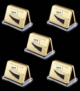 5PCS Non magnetic Square 24K Gold Plated Titanic Craft Souvenir Coin Commemorative Bullion Bar Ornaments Gift Home Art Collection1805209