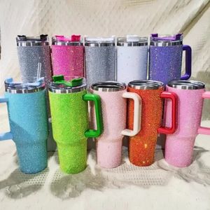 40oz Diamond Mug Tumbler med handtagslock Straw rostfritt stål Vattenflaska kaffet termin koppar vakuumkolvar för flickor gåva 240409