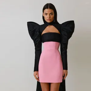 Casual Dresses Eye Catching Pink&Black Sheath Short Women Satin Maxi With Big Bow Full Sleeves Formal Party Dress