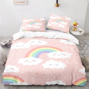 Zestaw okładki Rainbow Duvet Love Rabbit ucho urocze kawaii wzór kołdry Król Król Queen Pełny rozmiar zestawów pościeli poliestrowych